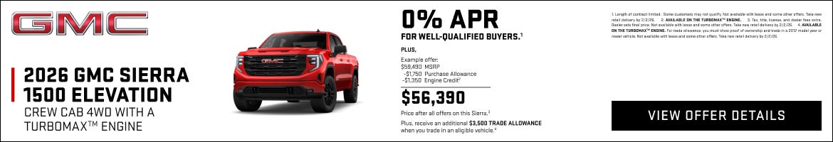 0% APR for well-qualified buyers.1

Plus,

Example offer:
$59,490 MSRP
$1,750 Purchase Allowance
...
