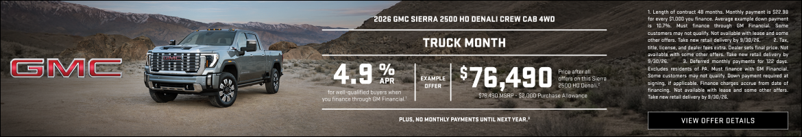 TRUCK MONTH

4.9% APR for well-qualified buyers when you finance through GM Financial.1

Plus,

E...