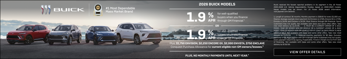 1.9% APR
FOR WELL-QUALIFIED BUYERS when you finance through GM Financial.1

Or

1.9% APR
FOR WELL...