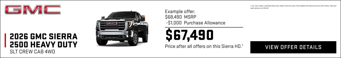 Example offer:
$61,190 MSRP
$1,000 Purchase Allowance
$60,190 Price after all offers on this Sier...