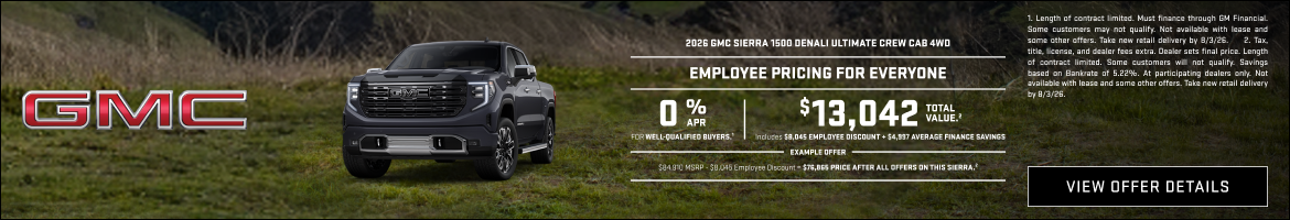 0% APR for well-qualified buyers.1

$13,042 Total Value.2

Example offer:
$84,910 MSRP
$8,045 Emp...