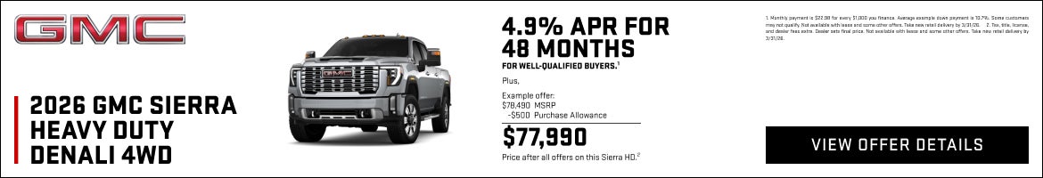 4.9% APR FOR 48 MONTHS for well-qualified buyers.1

Plus, 

Example offer:
$78,490 MSRP
$500 Purc...